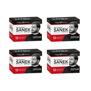 Four boxes of Sanek neck strips with a man's face on the packaging against a white background.