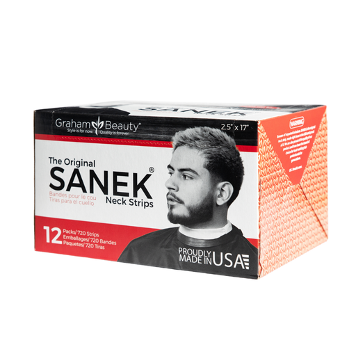 Box of Sanek neck strips with a man's face on the packaging