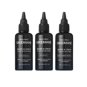 Three bottles of Red Pro Groomane Beard & Lineup Color Enhancement on a white background