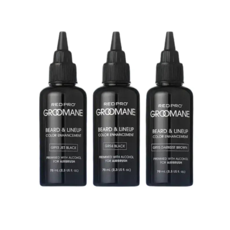 Three bottles of Red Pro Groomane Beard & Lineup Color Enhancement on a white background
