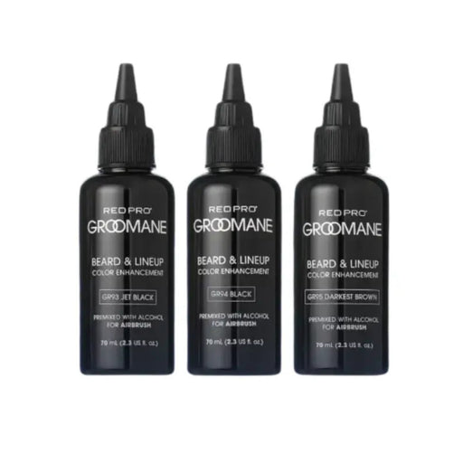 Three bottles of Red Pro Groomane Beard & Lineup Color Enhancement on a white background