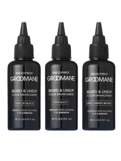 Three bottles of Red Pro Groomane Beard & Lineup Color Enhancement on a white background