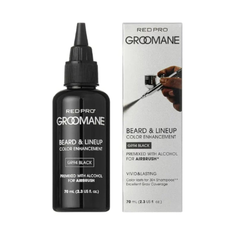 Red Pro Groomane beard and lineup color enhancement bottle and packaging on a white background