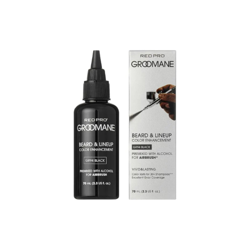 Red Pro Groomane beard and lineup color enhancement bottle and packaging on a white background