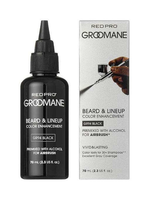 Red Pro Groomane beard and lineup color enhancement bottle and packaging on a white background