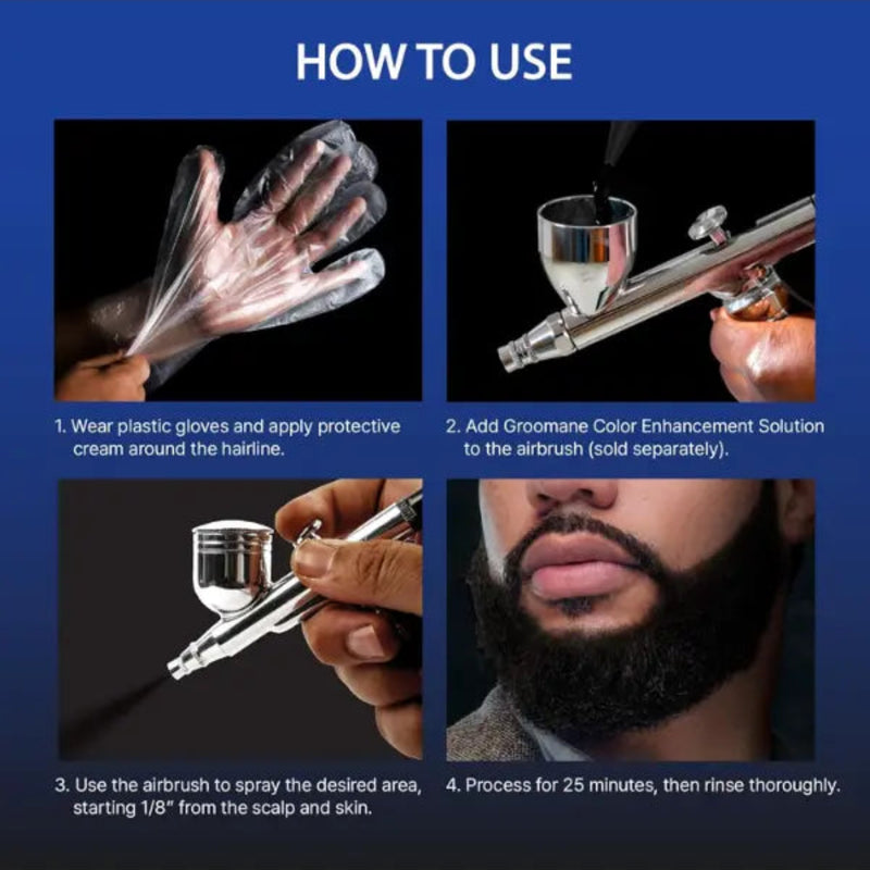 Instructions on how to use a hair color enhancement product with an airbrush.