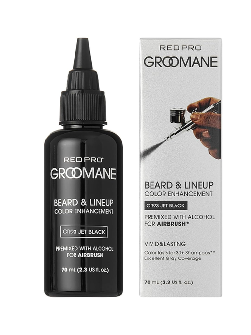 Black bottle and packaging of Groomane Beard & Lineup Color Enhancement on a white background