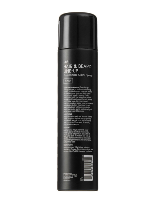 Black hair spray bottle labeled 'Hair & Beard Line-Up' on a white background