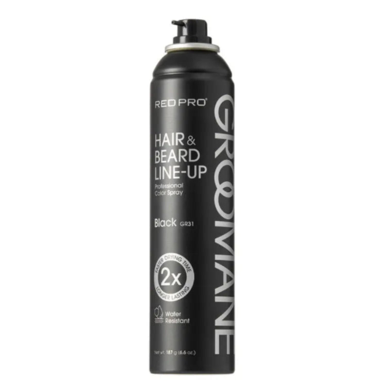 Black can of Grooviane Red Pro Hair & Beard Line-Up spray on a white background