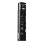 Black hair spray can with text and icons on a white background