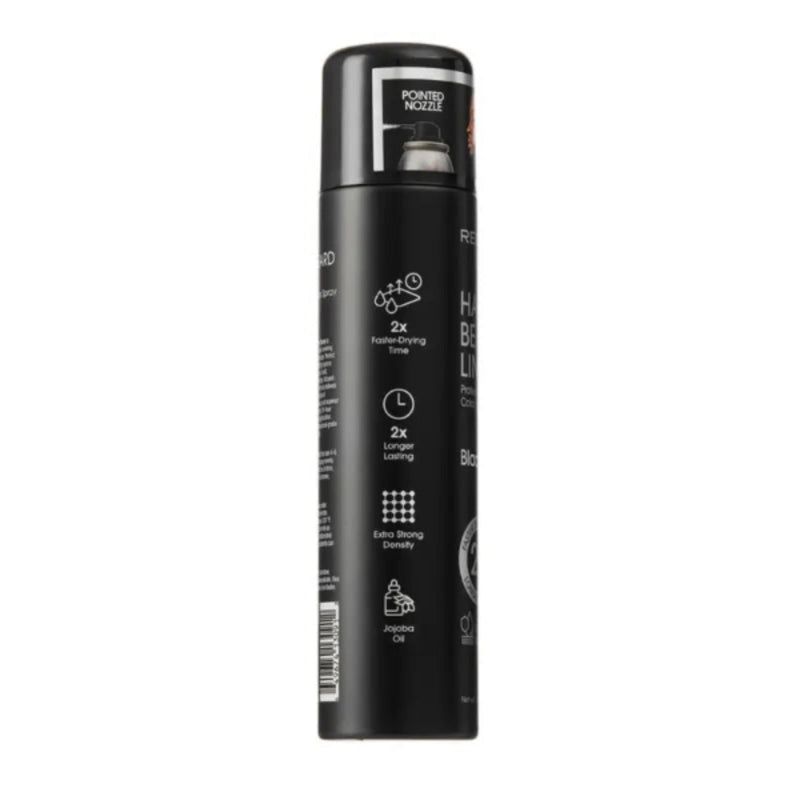 Black hair spray can with text and icons on a white background