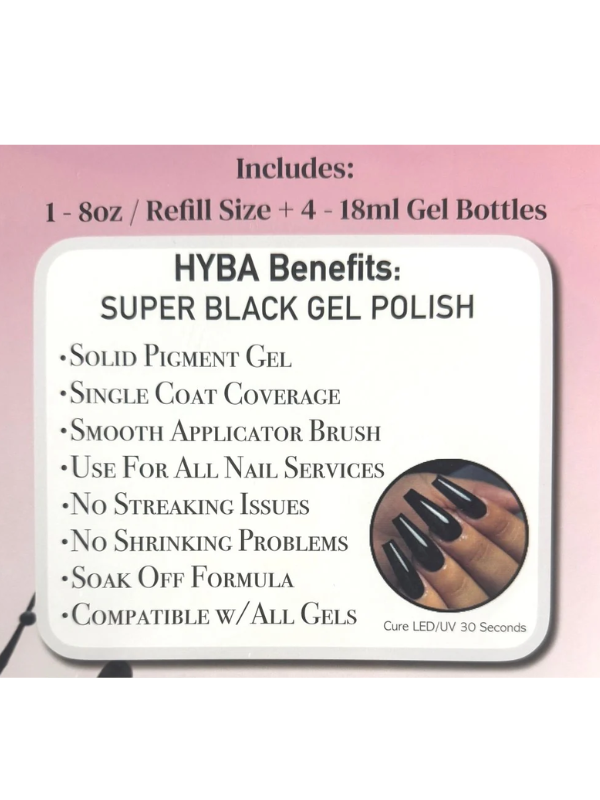 HYBA nail gel polish kit with benefits listed on a pink background
