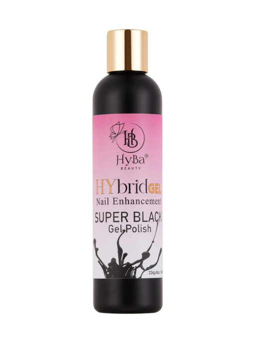 Black bottle of HyBa Hybrid Gel Super Black Gel Polish on a white background