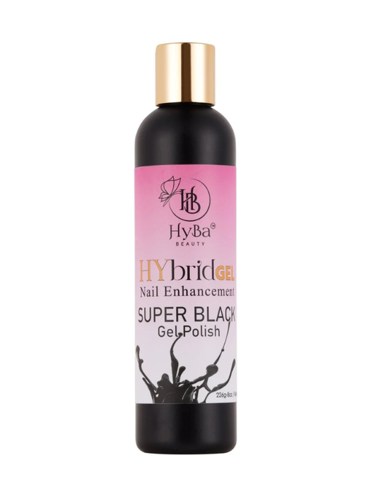 Black bottle of HyBa Hybrid Gel Super Black Gel Polish on a white background