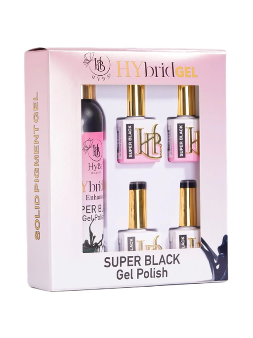 Box of Hybrid Gel Super Black Gel Polish with product images on a white background