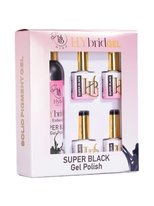 Box of Hybrid Gel Super Black Gel Polish with product images on a white background
