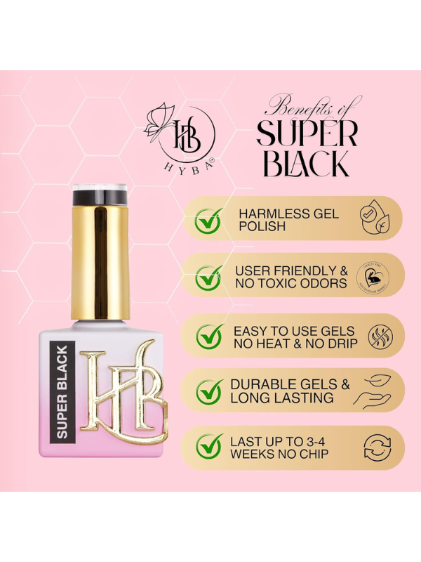 Super Black nail polish bottle with HIB brand on a pink background with feature text.