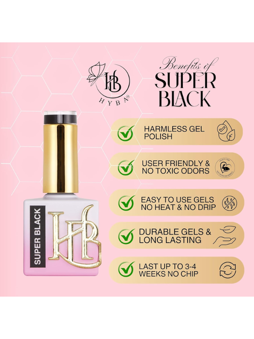 Super Black nail polish bottle with HIB brand on a pink background with feature text.