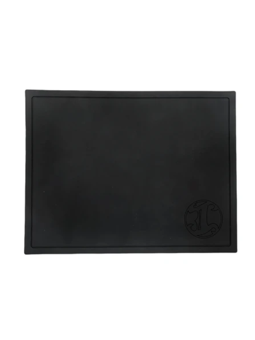 Black leather placemat with a brand logo on a white background