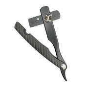 Black carbon fiber razor holder open with metallic accents on a white background