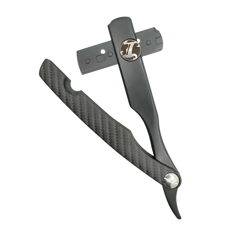 Black carbon fiber razor holder open with metallic accents on a white background