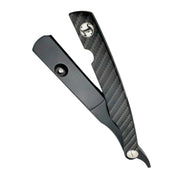Black carbon fiber razor holder with metallic accents on a white background