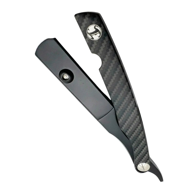 Black carbon fiber razor holder with metallic accents on a white background