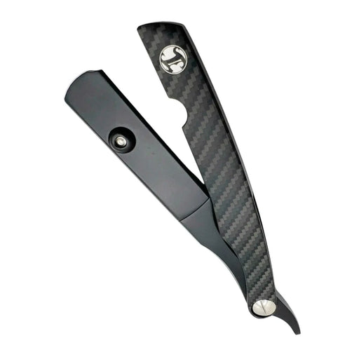 Black carbon fiber razor holder with metallic accents on a white background