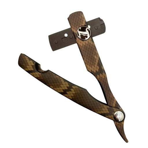 Brown leather bridle, python print with silver hardware razor holder on a white background