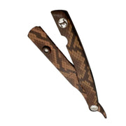 Brown leather bridle, python print with silver hardware razor holder on a white background