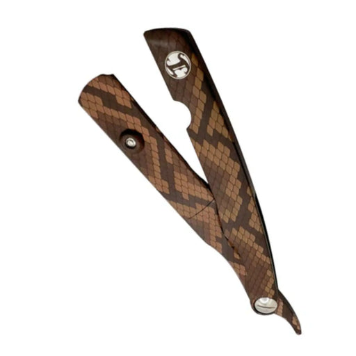 Brown leather bridle, python print with silver hardware razor holder on a white background