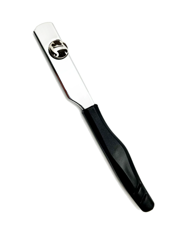 Metallic object with black handle on a white background