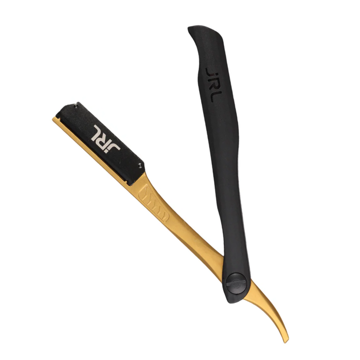 Two straight razors with black handles and gold blades on a white background