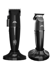 Two black hair trimmers with digital display on a white background