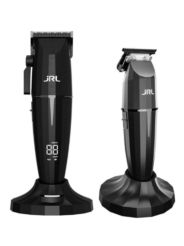 Two black hair trimmers with digital display on a white background