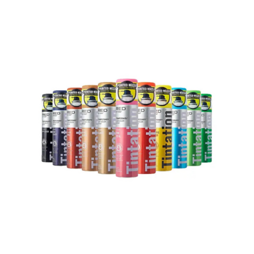 Row of Tintakit spray paint cans in various colors on a white background