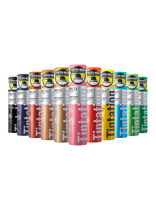 Row of Tintent spray paint cans in various colors on a white background