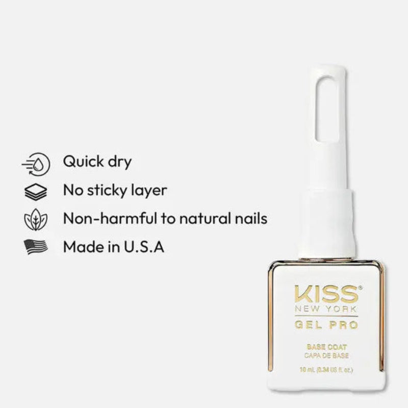 Kiss Gel Pro nail polish bottle with product features on a white background