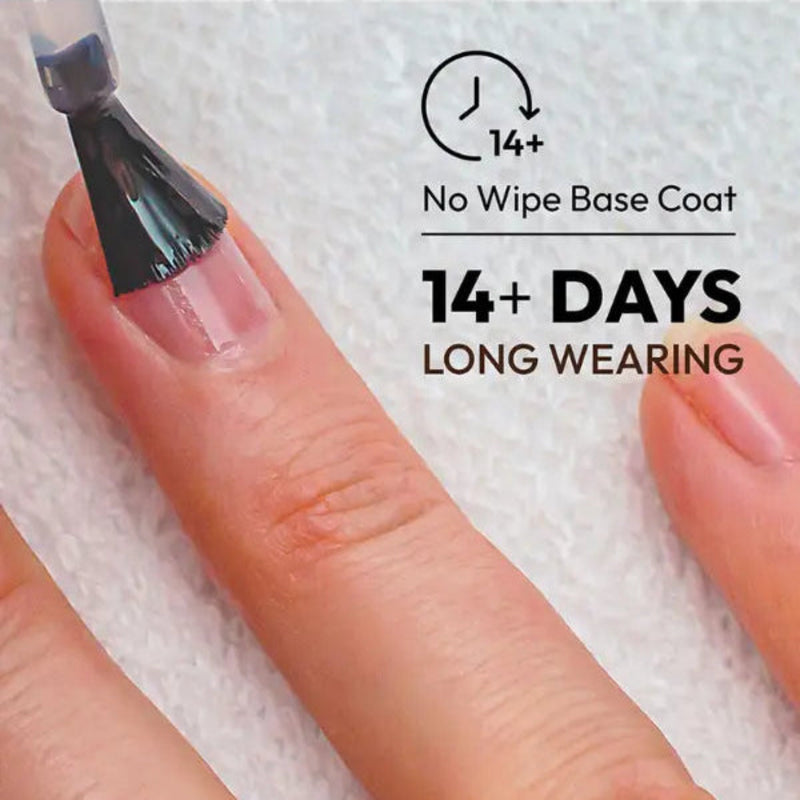 Nail polish application with text indicating 'No Wipe Base Coat' and '14+ days long wearing' on a white background.