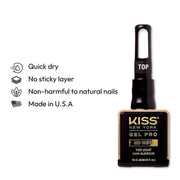 Kiss Gel Pro nail polish top coat with features listed on a white background