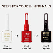 Steps for shining nails with KISS Gel Pro nail polish products on a white background