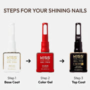 Steps for shining nails with KISS Gel Pro nail polish products on a white background