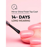 Nail polish with a brush applying a top coat to nails, on a pink background with text about mirror shine finish and long wearing time.