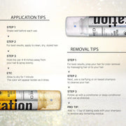 Application and removal tips for a hair color product with product images on a light gray background.