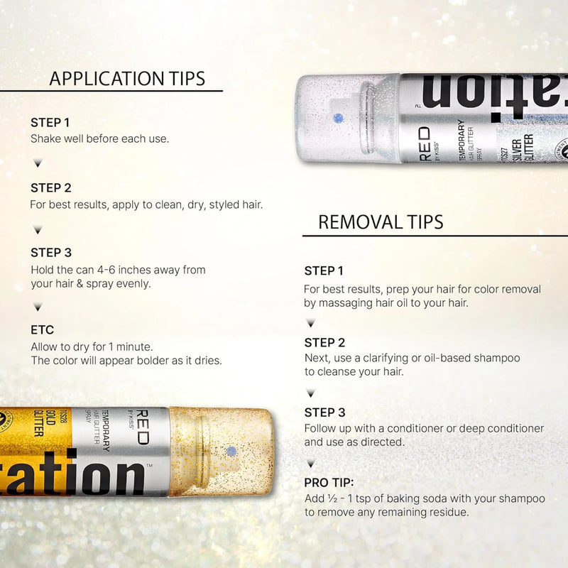 Application and removal tips for a hair color product with product images on a light gray background.