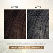 Before and after comparison of hair with glitter spray, showing a gold standard hairspray product.