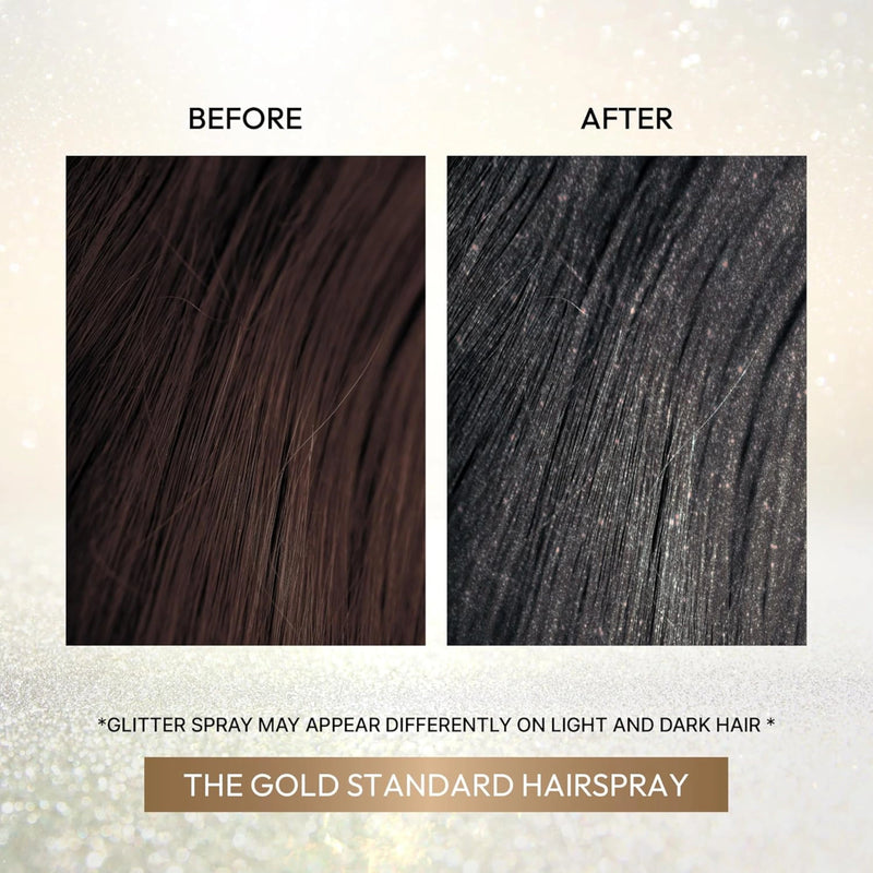 Before and after comparison of hair with glitter spray, showing a gold standard hairspray product.