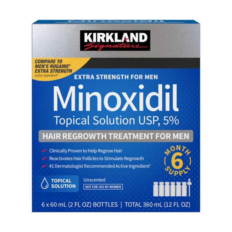 Kirkland Signature Minoxidil Topical Solution USP, 5% Hair Regrowth Treatment for Men, 6-count bottle box.