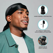 Man wearing a black durag with product features highlighted on a gray background