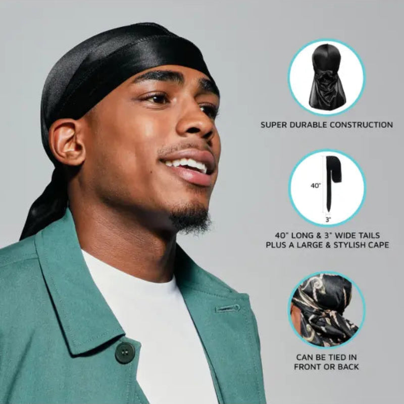 Man wearing a black durag with product features highlighted on a gray background